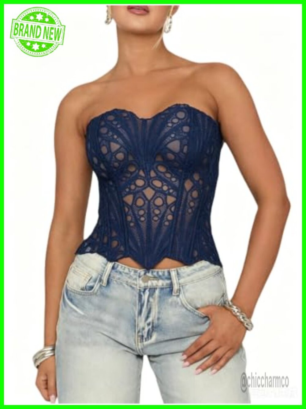 Lace Floral Corset Top Strapless Semi-Sheer Lace-Up Bustier